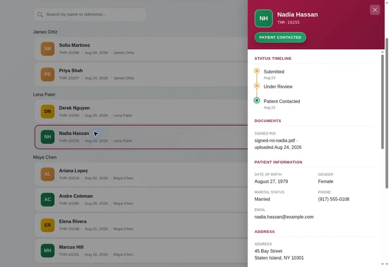 Thryve Partner Portal referral detail showing a visible status timeline